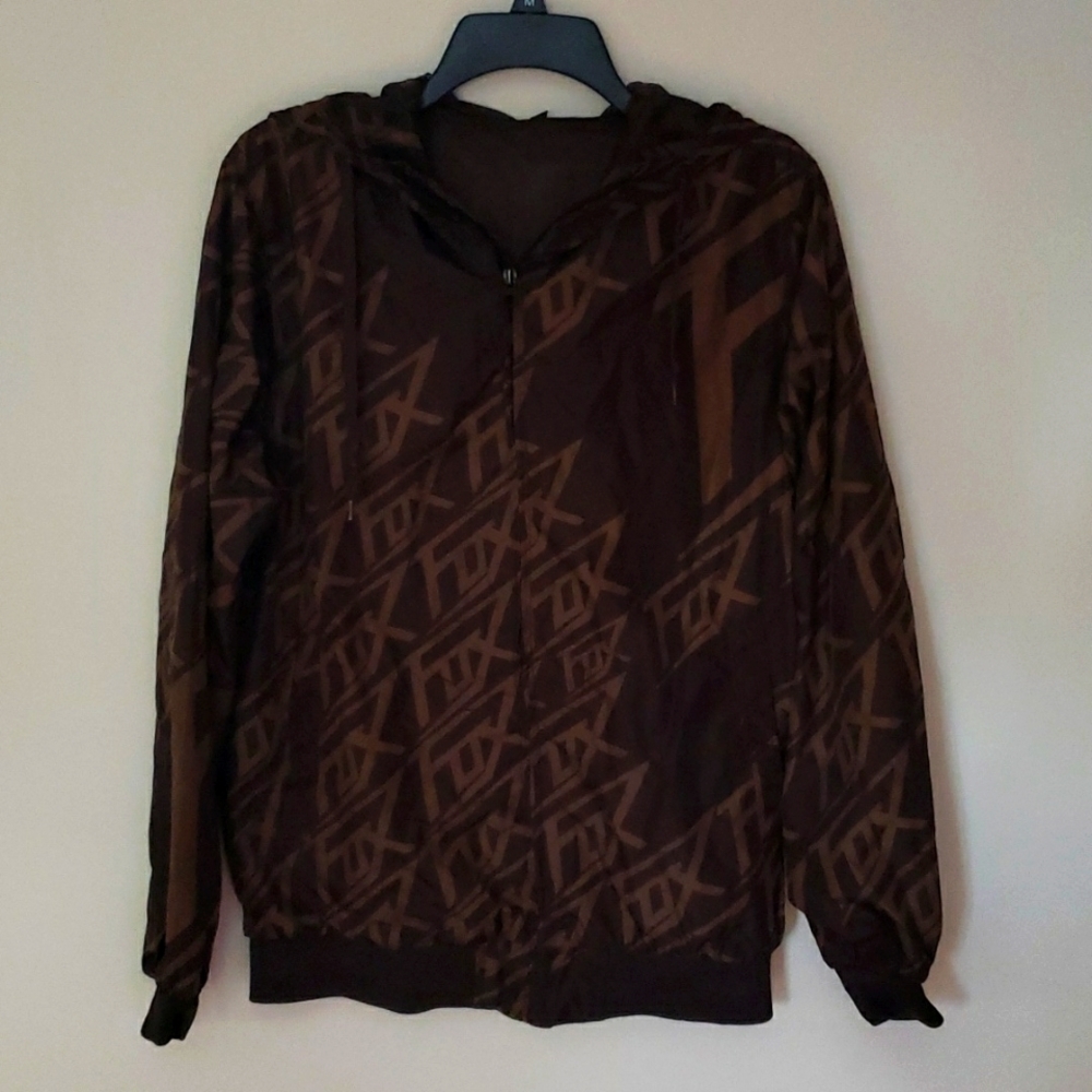 Fox racing full zip wind breaker hooded jacket, brown, netted lining, mens small